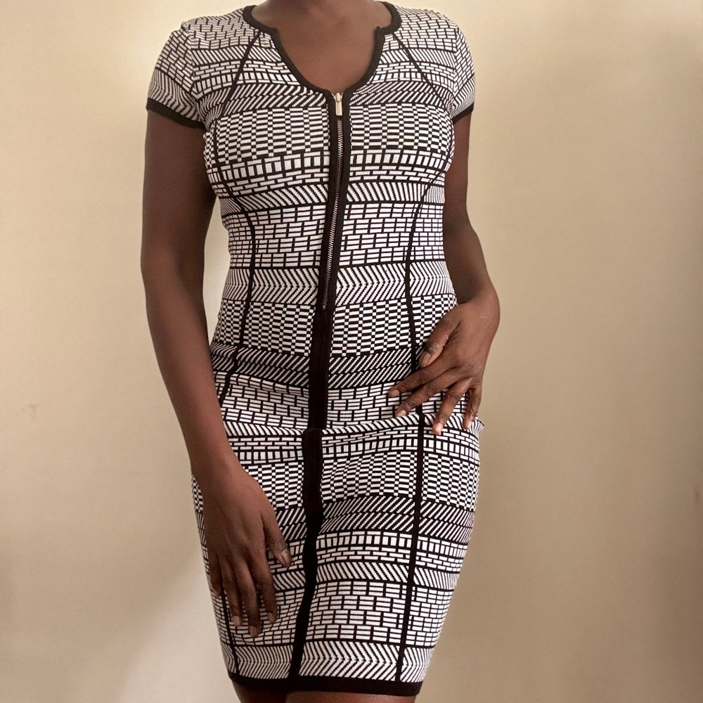 Cache Black and White Bodycon Midi Dress